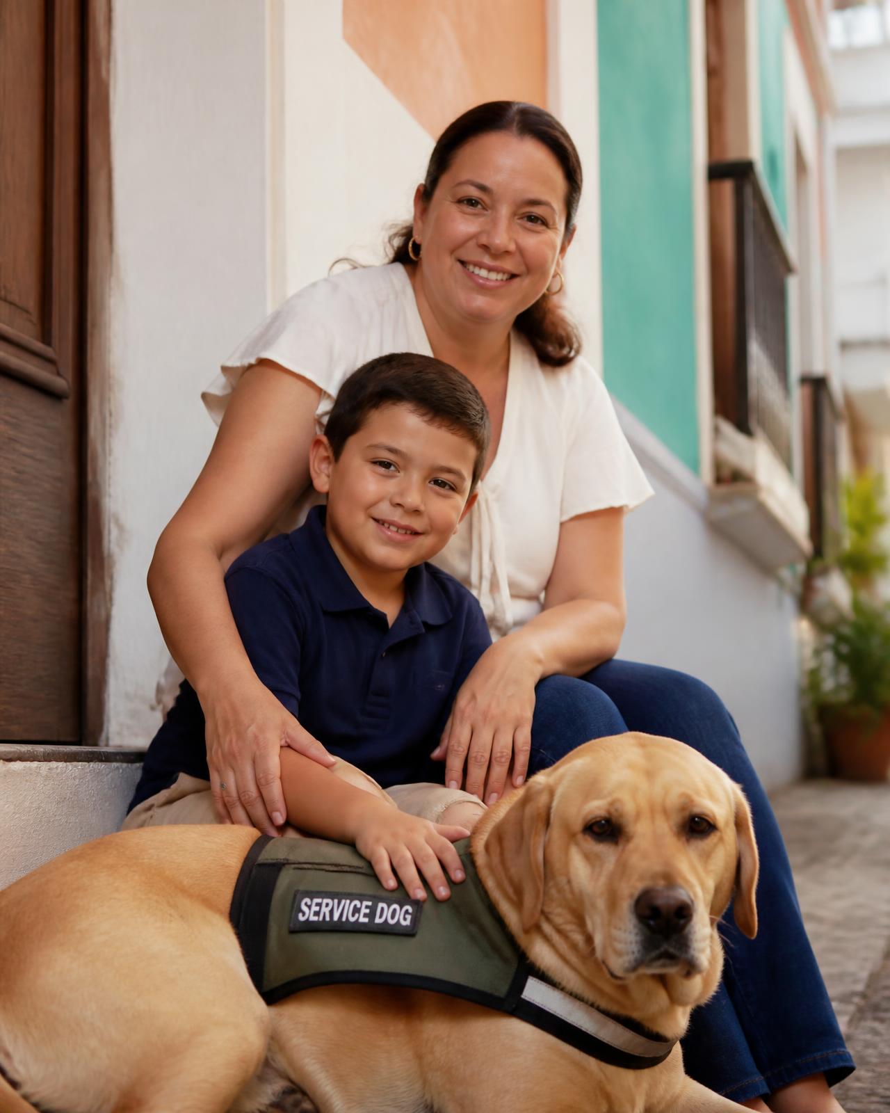 A family walking outdoors in Puerto Rico alongside their trained service dog