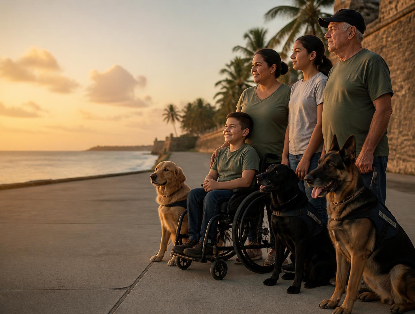 A family, a child in a wheelchair, and a veteran with their service dogs together on a Puerto Rico coastal street at golden hour